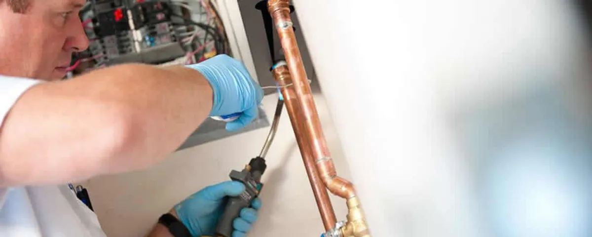 Water heater repair technician testing copper pipe connections and controls in Newton, MA